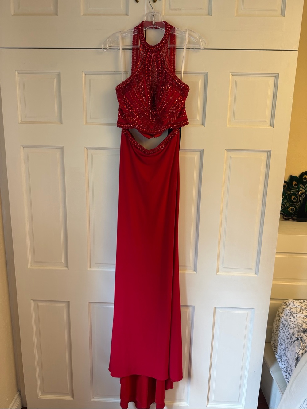 Alyce Paris Red Beaded Halter Cutout Prom Dress